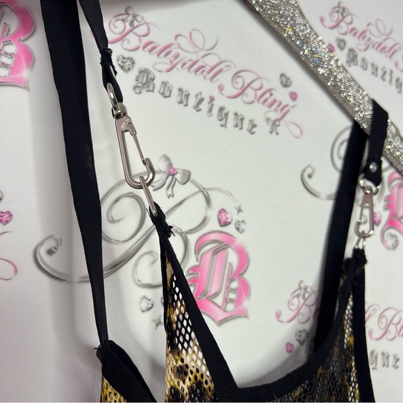 Cheetah print fishnet dress with silver metal clasp straps stretchy one size - Picture 5 of 10